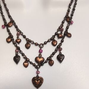 Charming Puff Heart Bronze Necklace with Pink Accents